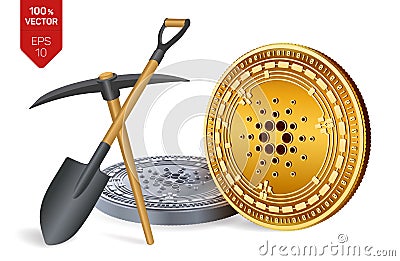 Cardano mining concept. 3D isometric Physical bit coin with pickaxe and shovel. Digital currency. Cryptocurrency. Golden and Cartoon Illustration