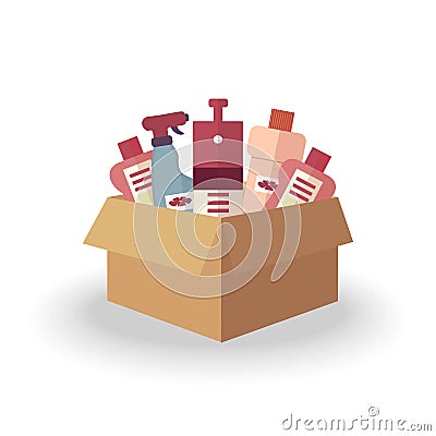 Cardboard box with bottles of detergents and sprays for cleaning office, house, restaurant, hotel Vector Illustration