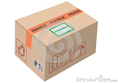 Cardboard box carton container closed parcel box package with handling packing icons text stickers bar code. Illustration isolated Vector Illustration