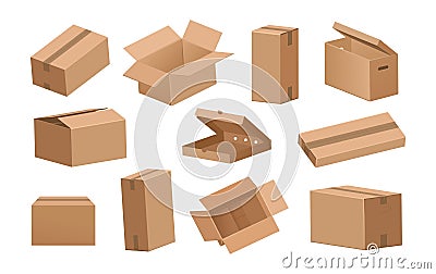 Cardboard box. Cartoon 3D delivery packages and parcels for shipping or transportation. Brown opened and closed Vector Illustration