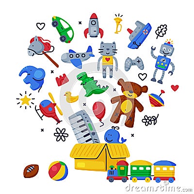 Cardboard Box Full of Colorful Toys, Various Colorful Objects for Kids Development and Entertainment, Children Toys Vector Illustration