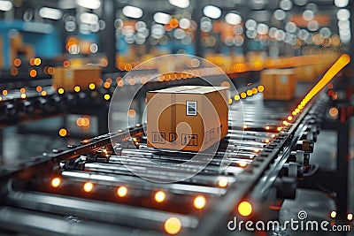 Cardboard box moves on conveyor in warehouse in metropolis Stock Photo