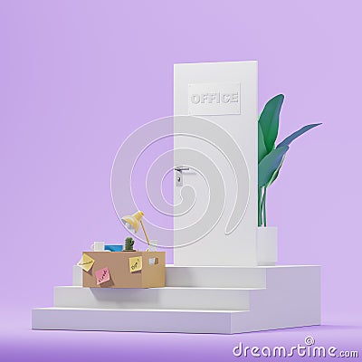 Cardboard box with office tools on stairs, office door and fired concept Cartoon Illustration