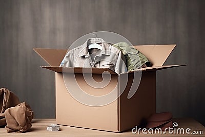 Cardboard box with old clothes for recycling and donating. Used clothes for sale, recycle or donation. AI generated Stock Photo