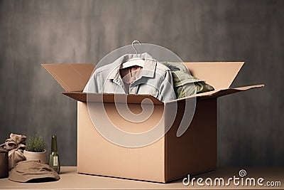 Cardboard box with old clothes for recycling and donating. Used clothes for sale, recycle or donation. AI generated Stock Photo