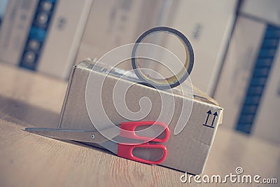 Cardboard box package, shipping concept: Preparing for delivery Stock Photo