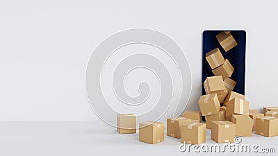 Cardboard box parcel overflow from smartphone display, online delivery concept, 3D rendering Stock Photo