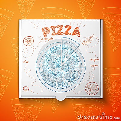 Cardboard box with pizza salami Vector Illustration
