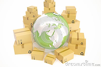 Cardboard box shipping and worldwide delivery business concept, earth planet globe. 3d rendering. Elements of this image Stock Photo