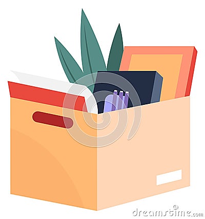 Cardboard box with stuff. Office supplies and decoration container Vector Illustration