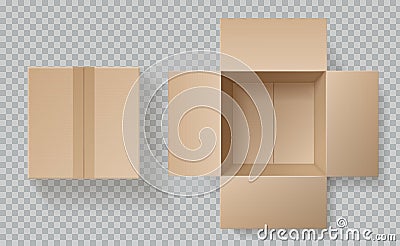 Cardboard box top view. Open closed boxes inside and top, brown pack mockup, delivery service realistic empty carton Vector Illustration