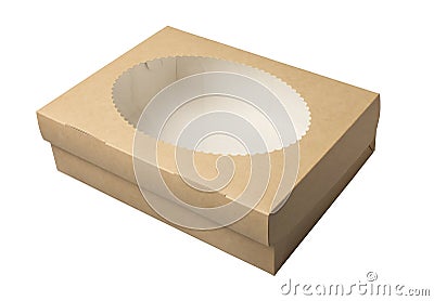 Cardboard box with transparent cover. White background. Stock Photo