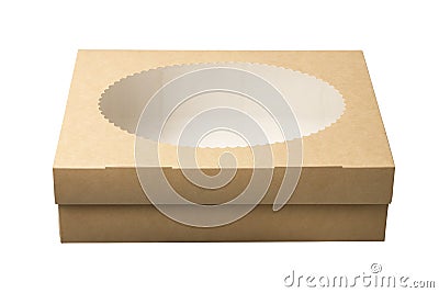 Cardboard box with transparent cover. White background. Stock Photo