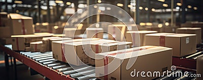 Cardboard Boxed Packages on a Belt Driven Line Roller Conveyor in a Warehouse With Shiny New Line Rollers, E-Commerce Fulfillment Stock Photo