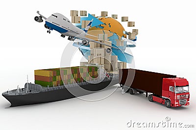 Cardboard boxes around globe, cargo ship, truck and plane Stock Photo