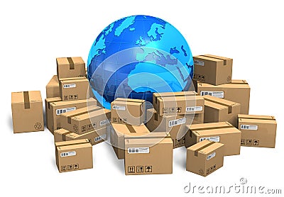 Cardboard boxes and Earth globe Stock Photo