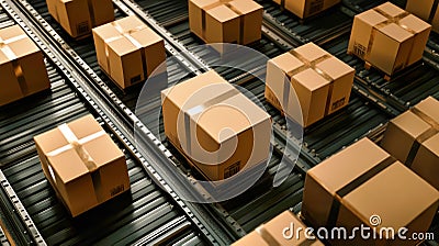 Cardboard boxes glide smoothly on a conveyor belt, navigating around a corner as they are sorted in a warehouse setting, set Stock Photo