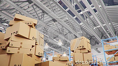 Cardboard boxes in middle of the warehouse, logistic center. Huge modern warehouse. Warehouse filled with cardboard Stock Photo