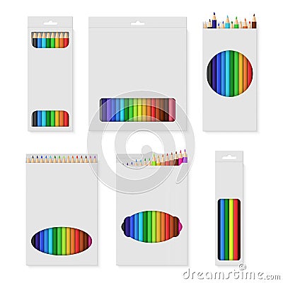 Cardboard boxes with multicolored pencils set realistic vector illustration. Stationery package Vector Illustration