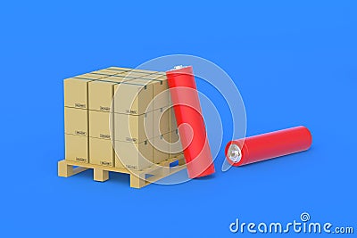 Cardboard boxes near alkaline or lithium batteries aa or aaa size Stock Photo