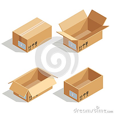 Cardboard boxes opened and closed. 3D isometric vector icons Vector Illustration