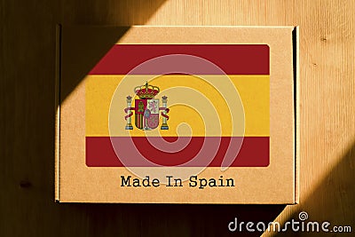 Made in Spain. Cardboard boxes with text `Made In Spain` and the Flag of Spain. Stock Photo