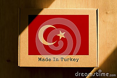 Made in Turkey. Cardboard boxes with text `Made In Turkey` and the Flag of Turkey. Stock Photo