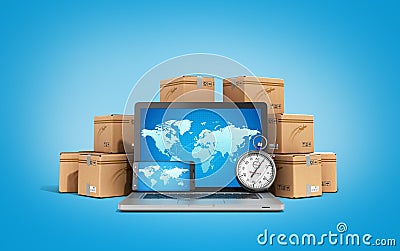 Cardboard boxes package parcels and laptop - Logistic, cargo, de Stock Photo