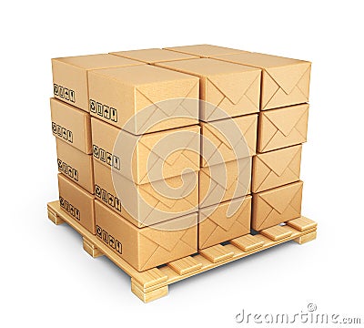 Cardboard boxes on palette. Deliver concept. 3D Icon isolated Stock Photo