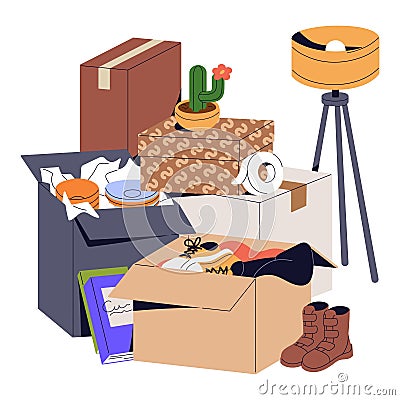 Cardboard boxes with personal property, belongings for moving. Stack of carton package with stuff. Lots objects Vector Illustration