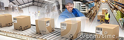 Composite image of cardboard boxes on production line Stock Photo