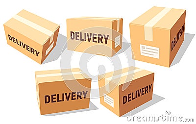 Cardboard boxes set for delivery and storage. Isolated carton crates collection with various angles and point of view. Vector Illustration