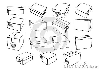 Cardboard boxes set for delivery and storage. Isolated carton crates collection with various angles and point of view. Vector Illustration