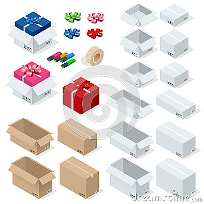 Cardboard Boxes, Set opened or closed, sealed with tape big or small format. Flat 3d style vector illustration isolated Vector Illustration