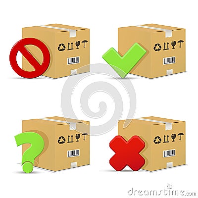 Cardboard boxes with stop and question signs, wrong and right check marks Vector Illustration