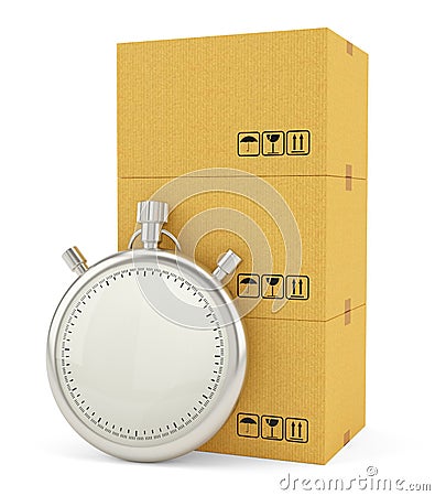 Cardboard Boxes with Stopwatch, isolated on white Cartoon Illustration