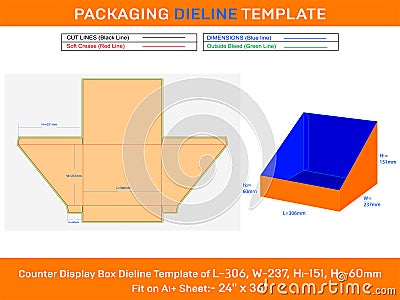 Cardboard counter display box dieline template for cards L 306xW 237xH1 251xH2 60mm Vector Illustration