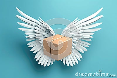 Cardboard Delivery Box With Angel Wings On Blue Background Stock Photo