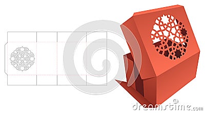 Cardboard folding box with stenciled pattern window die cut template and 3D mockup Vector Illustration