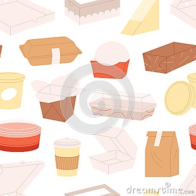 Cardboard food boxes background. Delivery service, cafe coffee and meals to go. Paper and plastic cups and boxes, racy Vector Illustration