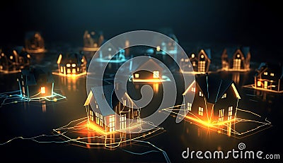 Cardboard houses with beautiful neon lights at black background, representing new properties on market, Stock Photo