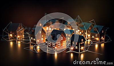 Cardboard houses with beautiful neon lights at black background, representing new properties on market, Stock Photo