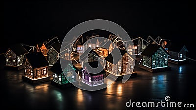 Cardboard houses with beautiful neon lights at black background, representing new properties on market, Stock Photo