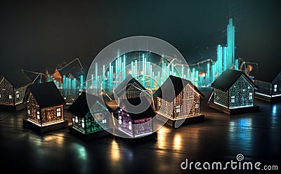 Cardboard houses with beautiful neon lights at black background, representing new properties on market, Stock Photo