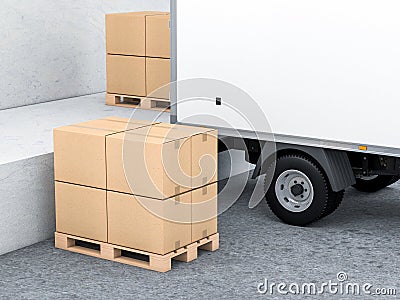 Cardboard parcel boxes on euro pallet near Cargo Truck, warehouse Stock Photo