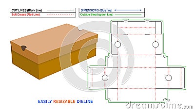 Cardboard Shoes box without glue box, easily and perfectly foldable box die line template Stock Photo