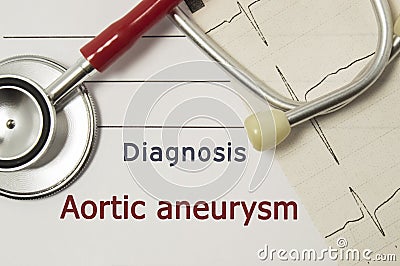 Cardiac diagnosis of Aortic aneurysm. On doctor workplace are red stethoscope, printed on paper ECG line and a pen close-up lying Stock Photo