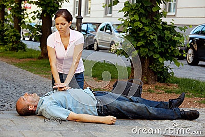 Cardiac massage. First aid for heart attack Stock Photo