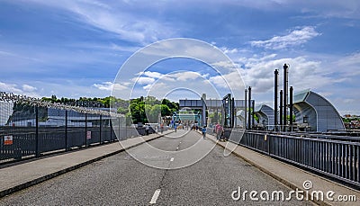 Cardiff Bay, Wales - May 21, 2017: Road crossing over the barag Editorial Stock Photo