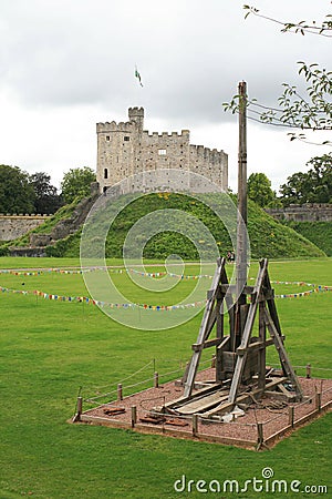 Cardiff Castle in Wales with Catapult Stock Photo